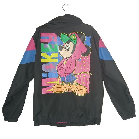 DISNEY Mickey Mouse Vintage Windbreaker Jacket 1/3 Zip Hooded Medium #500 - Picture 1 of 9